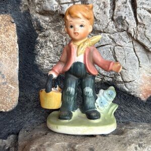 Boy With Pail and Tiny Blue Flowers Vintage Napcoware Figurine